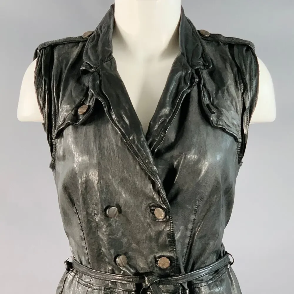 GIORGIO BRATO Size 6 Black Leather Double Breasted Belted Longline Vest - Picture 2 of 9